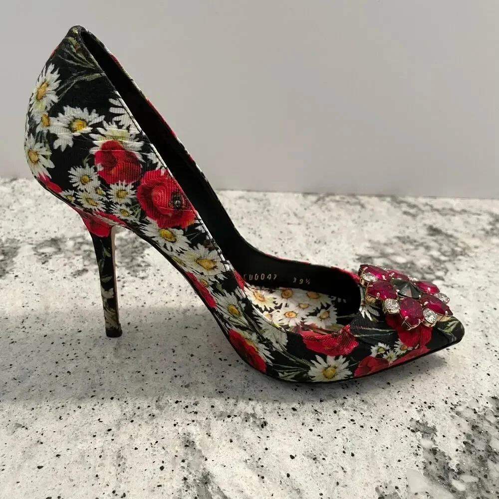 Dolce & Gabbana Pumps Floral Print Crystal Flower High Stiletto Heel Size 39.5